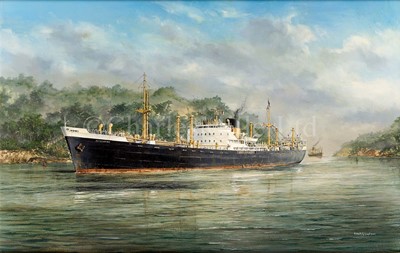 Lot 95 - δ ROBERT G. LLOYD (BRITISH, B. 1969) - THE BANK LINE PASSENGER CARGO SHIP M.V. 'OLIVEBANK'  WESTBOUND IN THE SUEZ CANAL CIRCA 1965