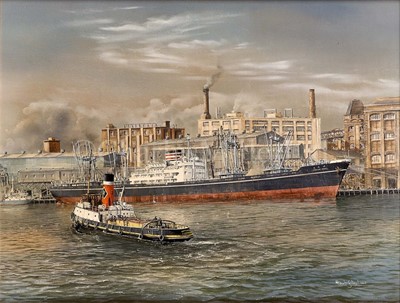 Lot 97 - δ ROBERT G. LLOYD (BRITISH, B. 1969) - NIPPON YUSEN KAISHA SHIP M.V. 'SANUKI MARU' PREPARING TO RECEIVE CARGO, BIRKENHEAD DOCKS, CIRCA 1955