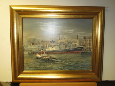 Lot 97 - δ ROBERT G. LLOYD (BRITISH, B. 1969) - NIPPON YUSEN KAISHA SHIP M.V. 'SANUKI MARU' PREPARING TO RECEIVE CARGO, BIRKENHEAD DOCKS, CIRCA 1955