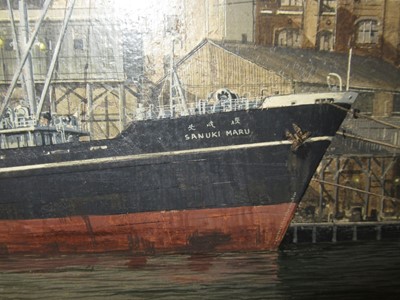 Lot 97 - δ ROBERT G. LLOYD (BRITISH, B. 1969) - NIPPON YUSEN KAISHA SHIP M.V. 'SANUKI MARU' PREPARING TO RECEIVE CARGO, BIRKENHEAD DOCKS, CIRCA 1955