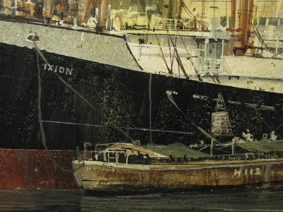 Lot 108 - δ ROBERT G. LLOYD (BRITISH, B. 1969) - THE BLUE FUNNEL LINE PASSENGER-CARGO SHIP S.S. 'IXION' DISCHARGING WOOL FROM AUSTRALIA AT HULL DOCKS, CIRCA 1955