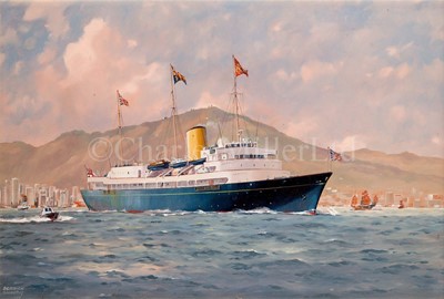 Lot 256 - δ DERRICK SMOOTHY (BRITISH, 1923-2009) - H.M.Y. BRITANNIA DEPARTING FROM HONG KONG FOR HER FINAL CRUISE, 1ST JULY 1997