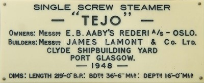 Lot 96 - A BUILDER'S MODEL FOR THE NORWEGIAN CARGO SHIP S.S. TEJO BUILT BY J. LAMONT & CO, PORT GLASGOW FOR E.B. AABY’S REDERI, OSLO, 1948
