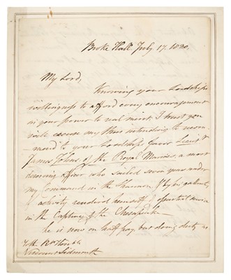 Lot 213 - AN AUTOGRAPH LETTER FROM CAPTAIN BROKE, CIRCA 1820