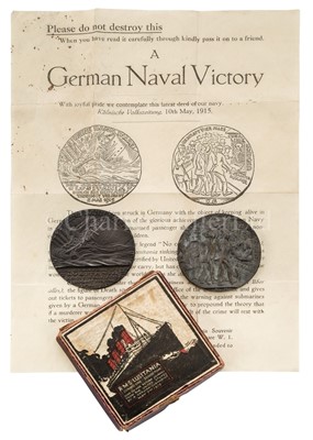 Lot 109 - AN ORIGINAL GERMAN SATIRICAL IRON MEDALLION FOR THE SINKING OF THE R.M.S. LUSITANIA, 1915