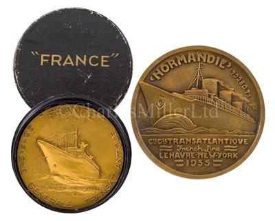 Lot 123 - AN ART DECO BRONZE MEDAL COMMEMORATING THE LAUNCH AND MAIDEN VOYAGE OF THE S.S. NORMANDIE, 1935