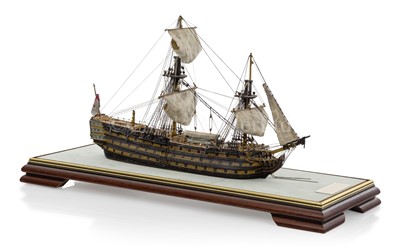 Lot 182 - AN UNUSUAL 1:200 SCALE WATERLINE MODEL OF H.M.S. VICTORY, AFTER THE BATTLE OF TRAFALGAR