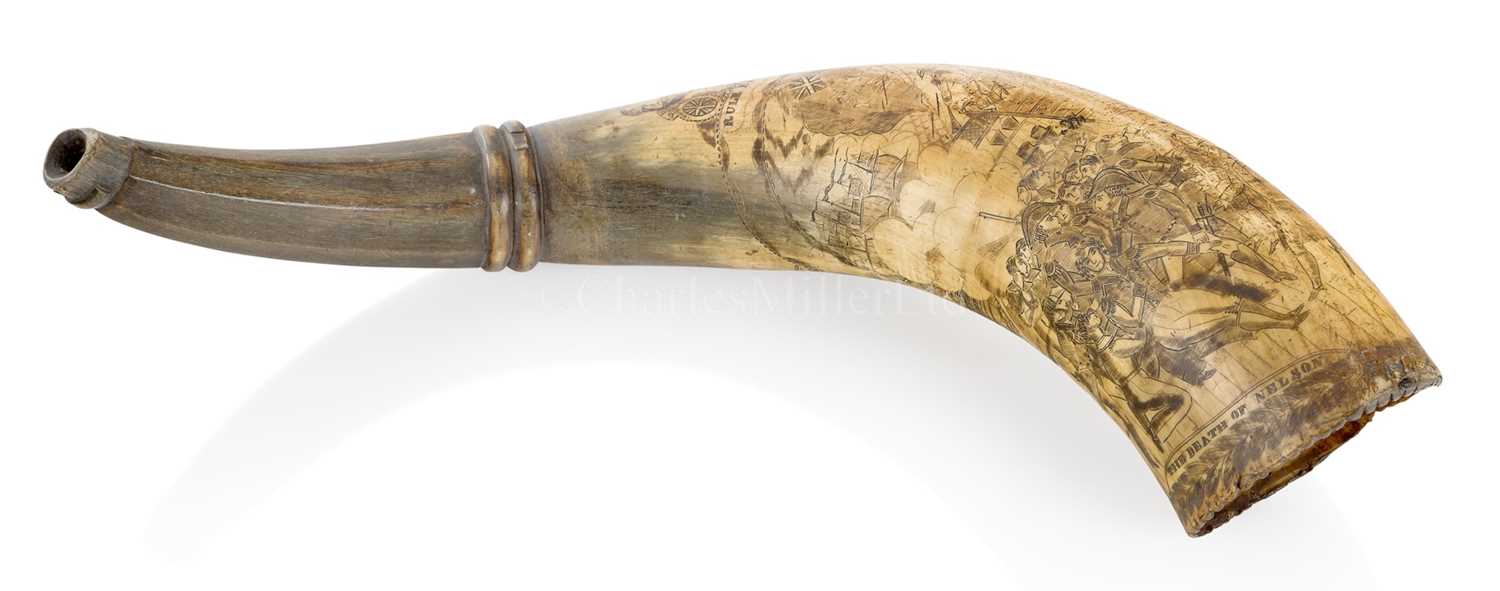 Lot 189 - A VICTORIAN SCRIMSHAW DECORATED POWDER HORN COMMEMORATING TRAFALGAR