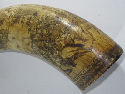 Lot 189 - A VICTORIAN SCRIMSHAW DECORATED POWDER HORN COMMEMORATING TRAFALGAR