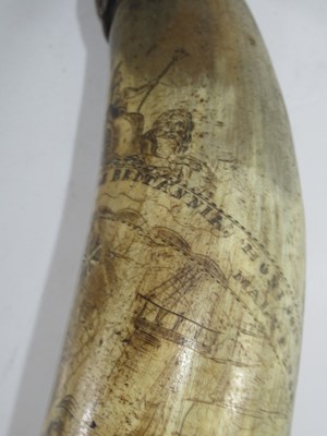 Lot 189 - A VICTORIAN SCRIMSHAW DECORATED POWDER HORN COMMEMORATING TRAFALGAR