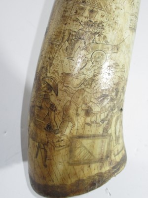 Lot 189 - A VICTORIAN SCRIMSHAW DECORATED POWDER HORN COMMEMORATING TRAFALGAR