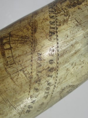 Lot 189 - A VICTORIAN SCRIMSHAW DECORATED POWDER HORN COMMEMORATING TRAFALGAR