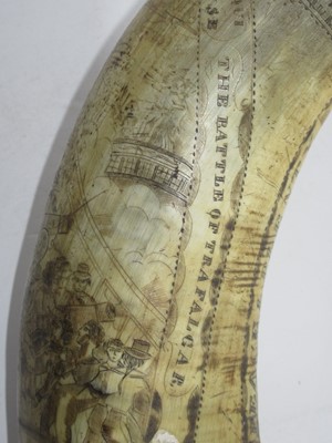 Lot 189 - A VICTORIAN SCRIMSHAW DECORATED POWDER HORN COMMEMORATING TRAFALGAR