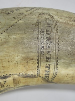 Lot 189 - A VICTORIAN SCRIMSHAW DECORATED POWDER HORN COMMEMORATING TRAFALGAR