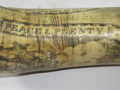 Lot 189 - A VICTORIAN SCRIMSHAW DECORATED POWDER HORN COMMEMORATING TRAFALGAR