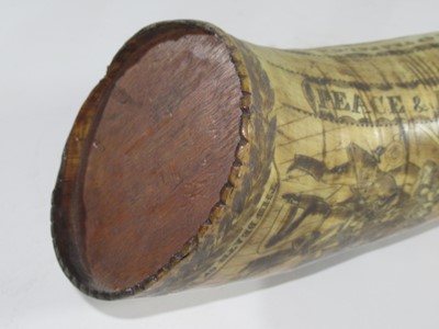 Lot 189 - A VICTORIAN SCRIMSHAW DECORATED POWDER HORN COMMEMORATING TRAFALGAR