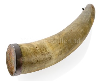 Lot 203 - A GUNNER'S POWDER HORN FROM H.M.S. CUMBERLAND, CIRCA 1809