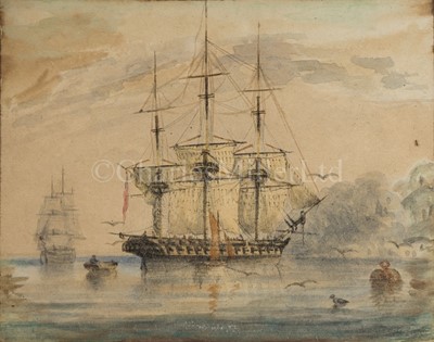 Lot 218 - AFTER THOMAS SERRES, EARLY 19TH CENTURY  - A FRIGATE LYING AT ANCHOR