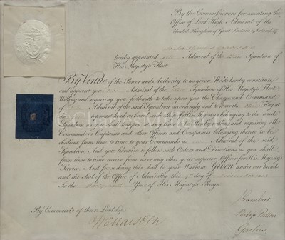 Lot 199 - SIR THOMAS GRAVES'S COMMISSION APPOINTING HIM VICE-ADMIRAL OF THE BLUE, 4TH NOVEMBER 1805