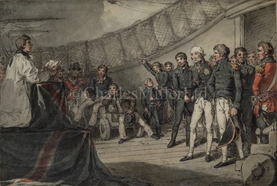 Lot 173 - JOHN AUGUSTUS ATKINSON O.W.S. (BRITISH, 1775-1833) - SAILORS AT PRAYERS ON BOARD LORD NELSON'S SHIP