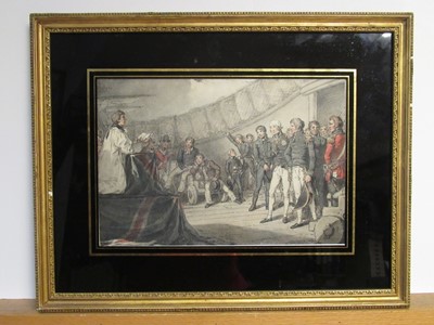 Lot 173 - JOHN AUGUSTUS ATKINSON O.W.S. (BRITISH, 1775-1833) - SAILORS AT PRAYERS ON BOARD LORD NELSON'S SHIP