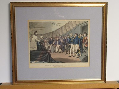 Lot 173 - JOHN AUGUSTUS ATKINSON O.W.S. (BRITISH, 1775-1833) - SAILORS AT PRAYERS ON BOARD LORD NELSON'S SHIP