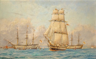 Lot 205 - HAROLD WYLLIE (BRITISH, 1880-1973) - THE 'VICTORY' AND 'ST VINCENT' IN THE PORTSMOUTH HARBOUR