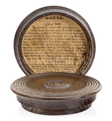 Lot 154 - A BLACK OAK SNUFF BOX MADE FROM TIMBER RECOVERED FROM H.M.S. BOYNE, SUNK 1795, RAISED 1833