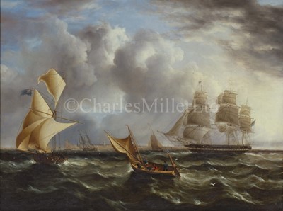 Lot 215 - ATTRIBUTED TO THOMAS BUTTERSWORTH (1768-1842) - FRIGATE ENTERING PORTSMOUTH WITH A CUSTOMS OFFICER INTERCEPTING A SMALL CRAFT