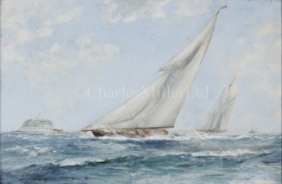 Lot 74 - FRANK H. MASON (BRITISH, 1876-1965) - H.M. Yacht 'Britannia' racing in the Solent in her first Bermudan rig against Mr Davis's schooner 'Westward', 1930