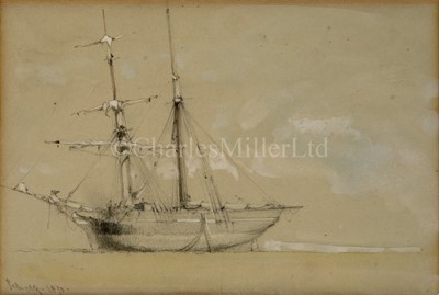 Lot 221 - RICHARD CALVERT JONES (BRITISH, 1804-1877) - 'MAN-O-WAR'; BEACHED BRIGANTINE; BRIGINTINE. ALL 1870