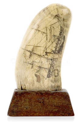 Lot 46 - Ø A FINE SAILOR'S SCRIMSHAW DECORATED WHALE'S TOOTH, CIRCA 1840