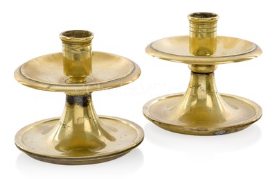 Lot 65 - A PAIR OF WEIGHTED BRASS YACHT CANDLE STICKS, CIRCA 1900