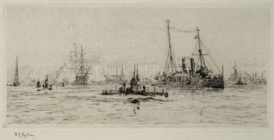 Lot 244 - WILLIAM LIONEL WYLLIE (BRITISH, 1851-1931) - BATTLESHIP AND SUBMARINE IN PORTSMOUTH HARBOUR