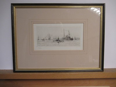 Lot 244 - WILLIAM LIONEL WYLLIE (BRITISH, 1851-1931) - BATTLESHIP AND SUBMARINE IN PORTSMOUTH HARBOUR