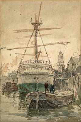 Lot 5 - SIDNEY PAUL GOODWIN (BRITISH,  1867-1944) - A QUAYSIDE; A SQUARE RIGGER