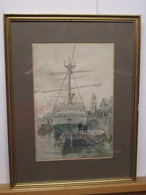 Lot 5 - SIDNEY PAUL GOODWIN (BRITISH,  1867-1944) - A QUAYSIDE; A SQUARE RIGGER