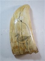 Lot 139 - Ø A 19TH CENTURY SCRIMSHAW DECORATED WHALE'S TOOTH