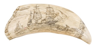 Lot 47 - Ø AN AMERICAN WHALER'S SCRIMSHAW DECORATED TOOTH, CIRCA 1850