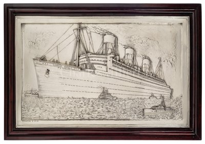 Lot 119 - A LARGE PLATED REPOUSSE BRASS PLAQUE OF R.M.S. QUEEN MARY BY ELKINGTON & CO., CIRCA 1936
