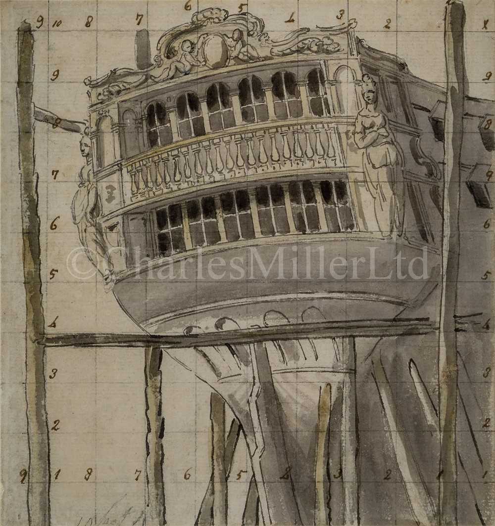 Lot 220 - MICHAEL ANGELO ROOKER, A.R.A. (BRITISH, 1746-1801) - DESIGN FOR A STAGE SET: THE GALLERIED STERN OF A SHIP IN DRY DOCK