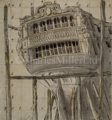 Lot 220 - MICHAEL ANGELO ROOKER, A.R.A. (BRITISH, 1746-1801) - DESIGN FOR A STAGE SET: THE GALLERIED STERN OF A SHIP IN DRY DOCK