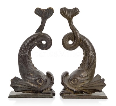 Lot 217 - A PAIR OF 19TH CENTURY CAST BRASS DOLPHIN BOOK ENDS