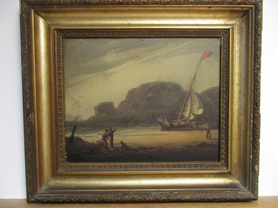 Lot 8 - ROBERT W. SALMON (BRITISH, 1775- 1851) - A BEACHED CUTTER ON THE DEVON COAST