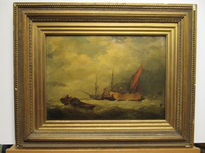 Lot 6 - ATTRIBUTED TO ALFRED HERBERT (BRITISH, CIRCA 1820-1861) - THE HAY BARGE IN THE THAMES ESTURY