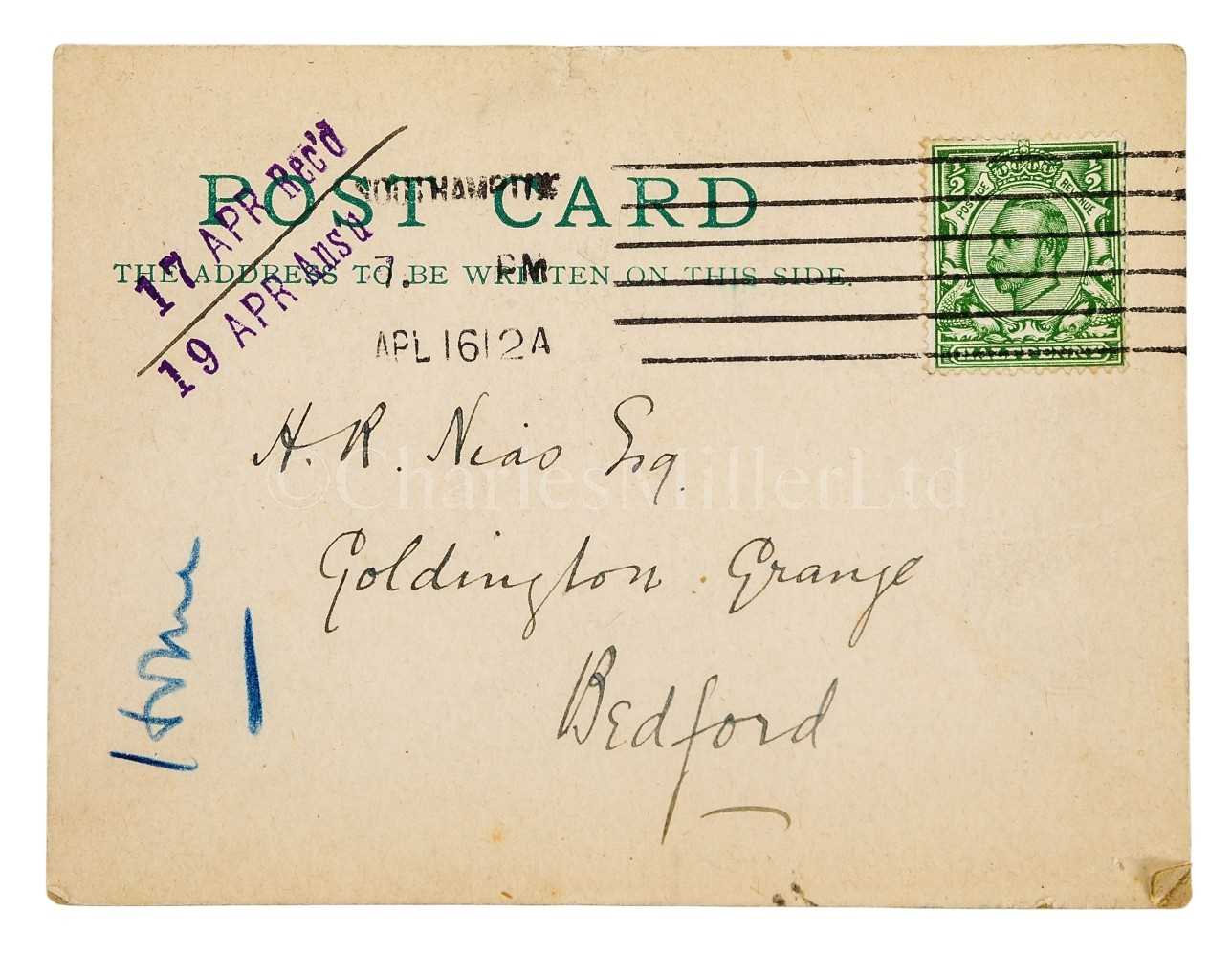 Lot 107 - A POSTCARD BELIEVED TO BE THE EARLIEST DISCUSSING THE TITANIC DISASTER, 1912