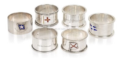 Lot 61 - SIX SILVER NAPKIN RINGS FOR ASSORTED SHIPPING COMPANIES