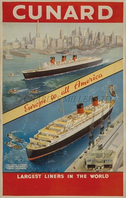 Lot 76 - CUNARD WHITE STAR LINE TRAVEL POSTER EUROPE TO ALL AMERICA