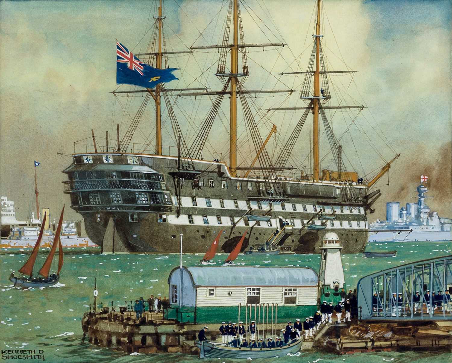 Lot 160 - KENNETH DENTON SHOESMITH (BRITISH, 1890-1939) H.M.Schoolship 'Conway' off Liverpool with assorted shipping