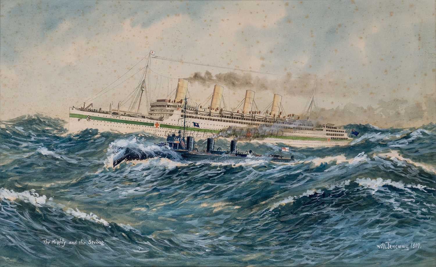 Lot 187 - WILL JENEWAY (BRITISH, 1886-1947) The mighty and the strong - H.M. Hospital Ship 'Aquitania' being escorted by a torpedo boat destroyer